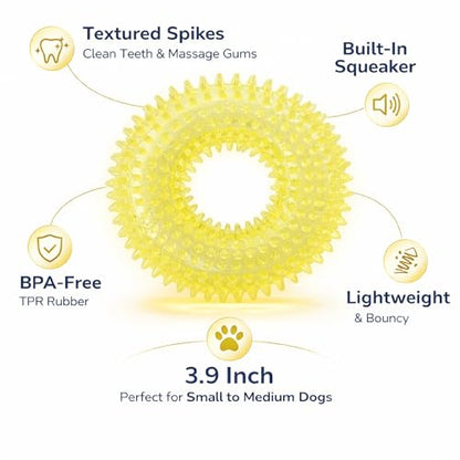 Squeaky Spiky Dog Ring Toy for Teeth Cleaning & Gum Massage 3.9 Inch Small Medium Dogs Yellow | Spiny TPR Rubber Chew Toy for Fetch Play Interactive Bouncy Dental Ring Durable BPA Free Nontoxic Floats - size: Yellow, Ring - 1 Pack