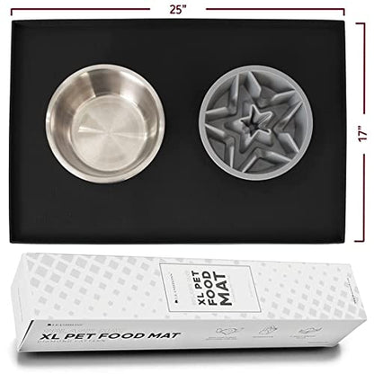 Leash Boss 2-Cup Slow Bowl and XL Mat - Silicone Food Mat (25"x17", Black) and 2-Cup Maze Dog Dish (Gray)