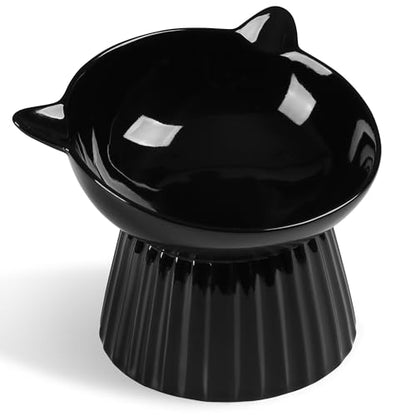 Ceramic Raised Cat Bowl，Tilted Raised Bowl Anti Vomit for Indoor Cats Whisker Friendly Pet Feeder for Cats Puppies, Microwave and Dishwasher Safe (Black) - color: Black