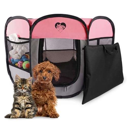 Puppy Playpen Indoor for Small Dogs & Cats,Foldable Portable Dog Playpen with Mesh,Pop Up Pet Playpen with Zipper Door,Waterproof Pet Pen for Indoor Outdoor Travel with Carrying Case,Pink S - size: S