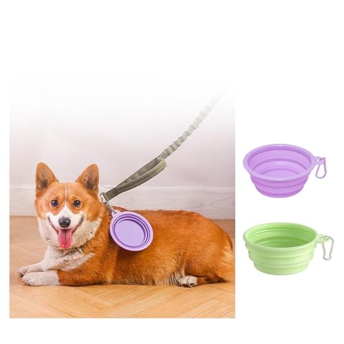 2-Pack Collapsible Dog Bowls with Carabiners | Portable Dog Bowl for Travel & Outdoor | BPA-Free Silicone Foldable Bowls for Dogs Cats (Purple,Green)