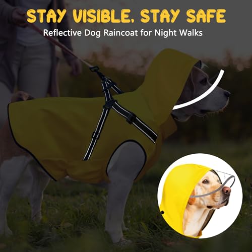 Dog Raincoat: Dog Rain Jacket with Reflective Harness & Removable Hood | Waterproof Dogs Rain Coat Poncho for Large Medium Small Dogs Puppies (Yellow - XL) - size: X-Large