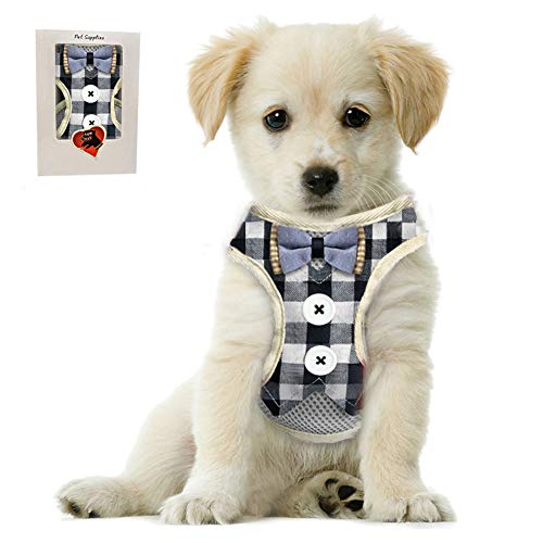 Bark Lover Small Puppy Harness with Bowtie, Adjustable Dog Vest Mesh Tuxedo Harness for Small Dog Kitten, Perfect for Party Wedding Holiday(L, Blue Plaid) - color: Blue Plaid, size: L