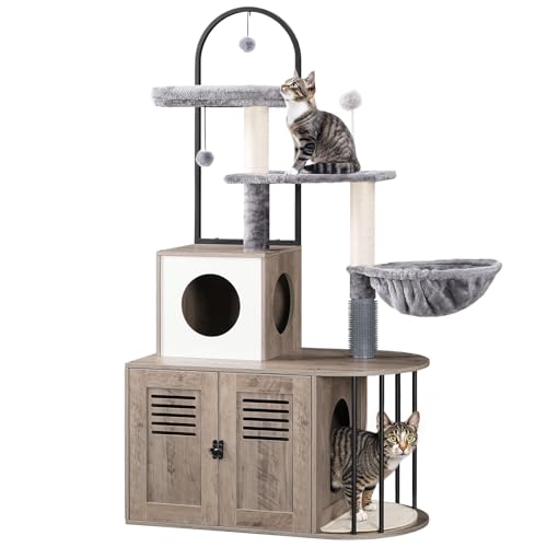 HOOBRO Cat Tree with Litter Box Enclosure, Arched All-in-One 31.5" Cat Tower with Hidden Litter Box Furniture for Indoor Cats, Versatile Cat Condo with Sisal Posts, Hammock, Greige and Gray BG45MZ03 - color: Greige and Gray