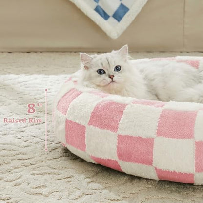 Ohocut Checkered Cat Dog Bed, Cute Girly Pink Retro Style Aesthetic Round Warming Pet Calming Beds for Small Dog and Cats, Plush Cozy Donut Beds Washable, 23" L x 23" W x 8" Th - color: Pink, size: 23"L x 23"W x 8"Th