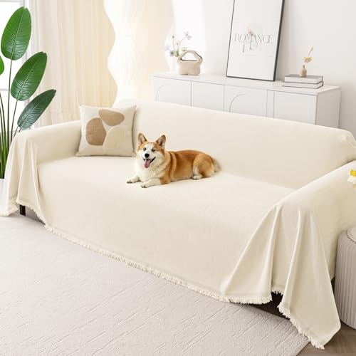 Smiry Couch Cover for Dogs, Washable Chenille Sofa Covers for 3 Cushion Couch, Soft Sofa Slipcover for Pets, Thick Sectional Furniture Protector with Tassels (Beige, 71x118 Inch) - color: Beige, size: 71x118 Inch