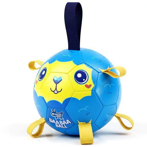 Race&Herd 6" Jolly Soccer Ball for Dogs - Tough Durable Dog Ball Toy with Straps, Pet Bouncy Herding Balls for Dogs, Floating Dog Balls with Tags for Water Fetch, BaaBaaBall (Ocean) - color: Ocean 6" Compact Herding Ball, size: 6"