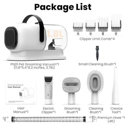FIXR Dog Grooming Vacuum, All-in-One Pet Grooming Kit with Hair Clipper & Shedding Brush, Low Noise 12,000Pa Dog Hair Remover Vacuum, Pet Groomer Set with Cleaning Brushes, PG01