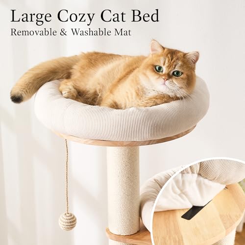 797Audio Wood Modern Cat Tree, 61.5" Cat Tower with Sisal Scratching Posts, Cat Condo, Capsule,Hamnock and Spinner Toy, Solid Wooden Aesthetic Multi-Level Cat Climbing Tree for Adult Indoor Cats-White - color: 62 Inch-Turntable-White