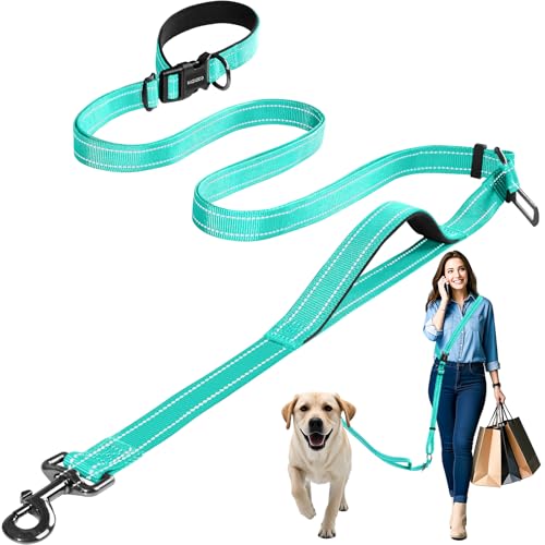 Hands Free Dog Leash by Kazazoo, Adjustable 6-9 FT Waist & Crossbody Leash with Quick Off Buckle, Reflective Stitches for Walking, Jogging,Medium to Large Dogs & Puppies Green-L - color: Green, size: L