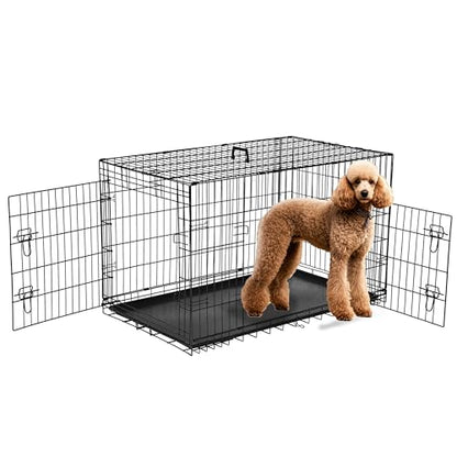 Simple Deluxe X-Large Dog Crates with Divider Panel, 42 inch Folding Mental Wire Double Door Dog Cage with Removable Leak-Proof Pan Tray, Durable Pet Kennels Outdoor, Indoor, Travel (Black, 42in) - size: 42.1"L x 26.8"W x 28.7"H