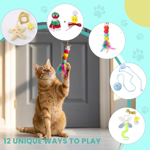 12Pack Hanging Cat Toy for Bored Indoor Cats. Interactive Cat Toy Set with Cat Wand Toy Styles,Cat Feather Toy Refill and Cat Toys for Indoor Cats for Play Exercise
