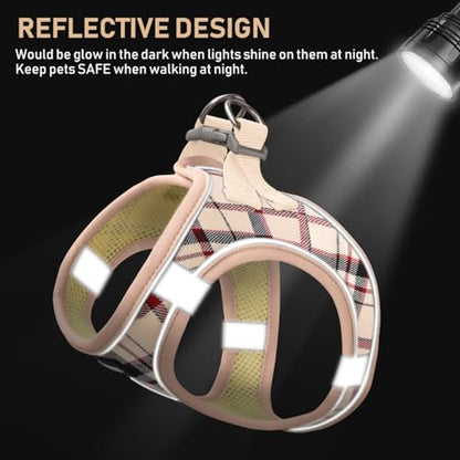 Small Dog Harness Collar and Leash Set, Step in No Chock No Pull Soft Mesh Adjustable Dog Vest Harnesses Plaid Reflective for Dogs Puppy Cats Kitten Rabbit (Beige, XXS) - color: Beige Red, size: XXS
