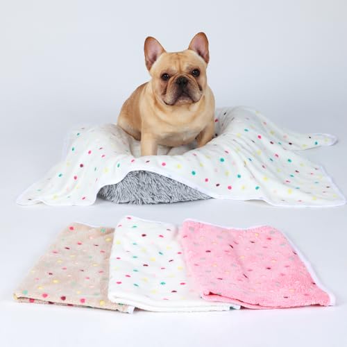 1 Pack 3 Blankets Super Soft Cute Dot Pattern Pet Blanket Flannel Throw for Dog Puppy Cat Dot (Large(41x31), Beige/Brown/Pink) - color: Beige/Brown/Pink, size: 41x31 inch (Pack of 3)
