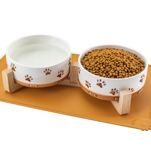 Ceramic Dog Bowls, 3.5 Cups Dog Food and Water Bowl Set for Medium Dogs with Wooden Stand and Non-Slip Silicone Food Mat, Weighted Embossed Cute Puppy Bowls Feeding Dishes Set of 2, 32 OZ - size: 4 .0 Cups
