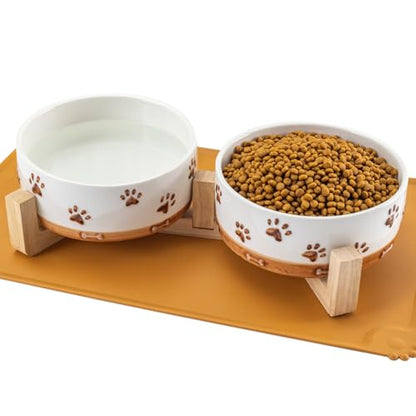 Ceramic Dog Bowls, 3.5 Cups Dog Food and Water Bowl Set for Medium Dogs with Wooden Stand and Non-Slip Silicone Food Mat, Weighted Embossed Cute Puppy Bowls Feeding Dishes Set of 2, 32 OZ - size: 4 .0 Cups