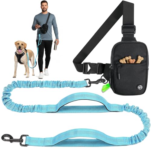 Hands Free Crossbody Dog Leash Bag with Built-in Poop Bag Dispenser & Storage, Dual Bungee Shock-Absorbing Leash with Dual Handles for Small, Medium, Large Dogs Walking or Training (Blue) - color: Blue