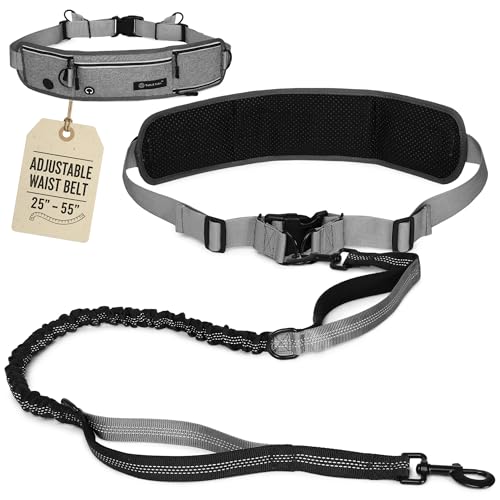 Tails & Tales Hands Free Dog Leash with Waist Pouch, Lumbar Support Upgraded, Bungee Reflective Leash, Adjustable Belt 25-55", Walking Running Hiking Training for Dogs Up to 125lbs (Gray, One Dog) - color: Gray, size: One Dog