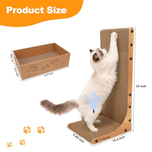 Goosheep Cat Scratching Post, 3-in1 Scratching Board for Indoor Cats, 2PK 22in L-Shaped Cat Scratcher with 1PK Cardboard Box Scratch Pad, Cats Scratch Furniture Protector with Feathered Toy - color: 2pk 22in L-Shape Cat Scratcher with Box