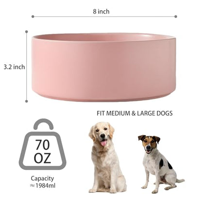 8'' Ceramic Dog Bowl - 70Oz Classic Dogs Food & Water Bowl for Medium and Large Breeds, Heavy-Duty Non-Slip Dog Dish, Food Grade Stoneware Pet Bowl, Dishwasher & Microwave Safe, Pink - color: Bowl - Pink, size: 8 inch