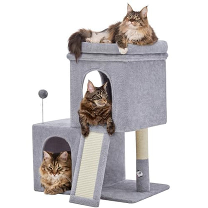 Woochpet 32inch Tall Cat Tree with 2 cat condo for Adult Cats Cozy Cat Tower with Scratching Post and Scrather Board for Cats of Different Ages.（Light Grey） - size: 26*16*32