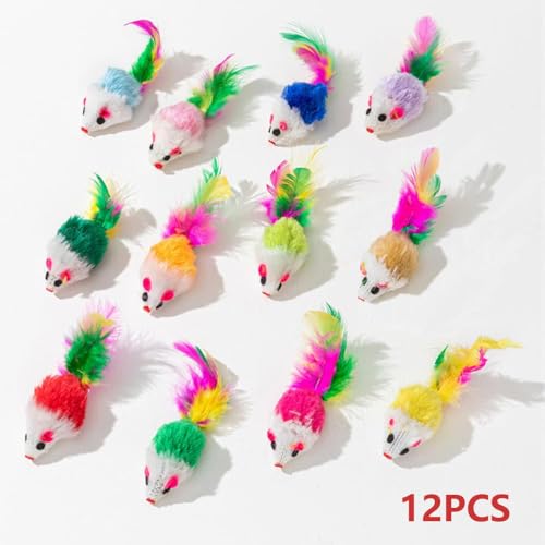 Cat Mouse Toys 12 Pcs Rattle Mice for Indoor Cats Furry Feather Fake Mouse Kitten Interactive Play Squeaky Fur Mice Cat Toy Funny Kitty Tracking Game with Rattling Sounds