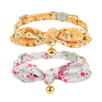 2 Pack Cotton Cat Collar, Removable Bowtie, Floral Pattern, Safety Breakaway Clasp, Adjustable for Cats.(Adult Cat, Yellow+White) - color: 2 Pack (Yellow+White)