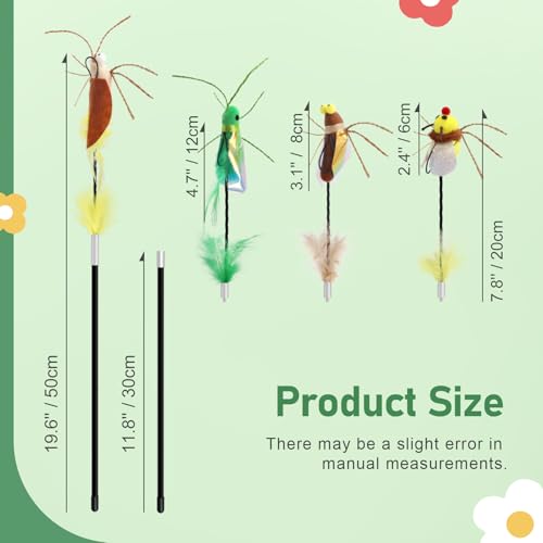 Cat Bug Toy Wand - Cat Teaser Wand Toy with 4 Pcs Cute Insect Feather cat Toy Replacements, Interactive Cat Toys Bug for Indoor Cats Kittens - color: Bugs