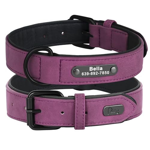 Didog Custom PU Leather Dog Collars with Personalized Engraving Nameplate,Personalized Padded Dog Collars Engraved for Medium Large Dogs,Purple,L Size - color: Purple, size: L: Fit 13-17"Neck