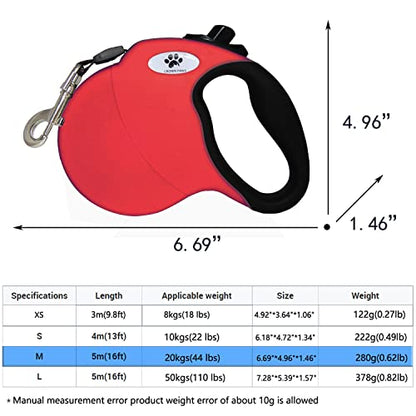 16 ft Retractable Dog Leash for Large Dogs up to 44 lbs,Tangle-Free Nylon Tape,Red M - color: red, size: Medium