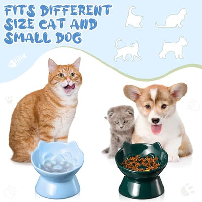 Funnymoom 2 Pcs Ceramic Raised Slow Feeder Cat Bowl, 5.91inch Elevated Cat Slow Feeder Bowl Tilted Anti Vomiting for Dry Wet Food and Water Easy to Clean High Edge(Dark Green, Blue) - color: Dark Green, Blue