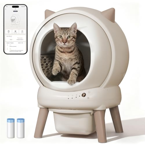 Self Cleaning Litter Box for Multiple Cats, E2 Automatic Cat Litter Box, Self-Cleaning Robot with Smart APP Control and Health Monitoring, Includes 2 Roll Trash Bag and Litter Mat, Off-White - color: Off-White