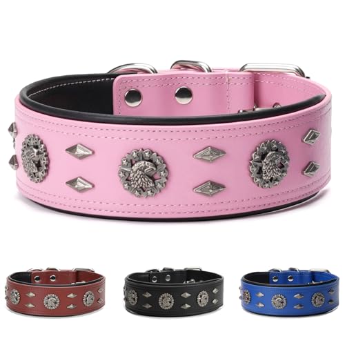 Premium Leather Dog Collar for Medium Dogs - 1.6-Inch Wide Adjustable Soft Handmade Eagle Hardware Ornamental Collar for Large Breeds, Durable & Comfortable - Pink - color: Pink, size: Width 1.6",Neck Size 16.5"-20.5"