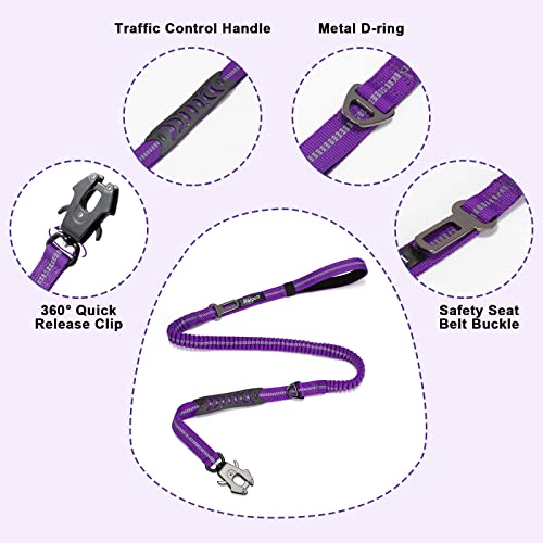 Raipult Tactical Dog Leash Heavy Duty, 4-6FT Shock Absorbing Bungee Leash with Quick Release Clip& 2 Handles, No Pull Waking Lead with Car Seatbelt for Medium Large Dogs that Pull,Purple - color: Purple