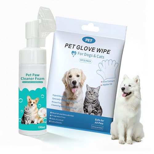 2-in-1 Pet Paw Cleaning Kit: No-Rinse Foam Cleaner & Pet Wipe Gloves, Foam Paw Scrubber for Dogs and Cats - Suitable for Small, Medium, Large Breeds, Puppies & Kittens with Dirty Paws - size: 2in1 kit