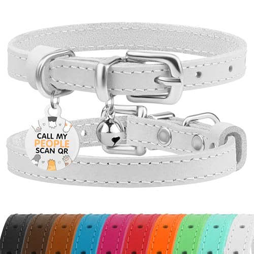 Leather Cat Collar with Removable Bells Non Breakaway Kitten QR Tag for Girl Boy (7" - 9" for Cats, White & Silver) - color: White & Silver, size: 7 - 9 inch