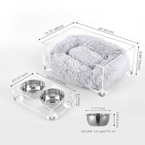 Billie 24" x 15.75" Small Modern Lucite Pet Bed with Washable Cushion and 4" Elevated Pet Feeder with 27 oz 2-Stainless Steel Bowls, Light Gray/Clear (Set of 2) DBD2001A-2SET