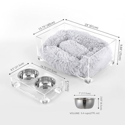 Billie 24" x 15.75" Small Modern Lucite Pet Bed with Washable Cushion and 4" Elevated Pet Feeder with 27 oz 2-Stainless Steel Bowls, Light Gray/Clear (Set of 2) DBD2001A-2SET