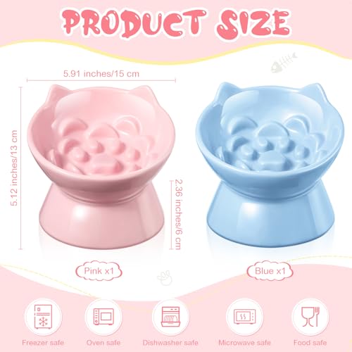 Funnymoom 2 Pcs Ceramic Raised Slow Feeder Cat Bowl, 5.91inch Elevated Cat Slow Feeder Bowl Tilted Anti Vomiting for Dry Wet Food and Water Easy to Clean High Edge(Pink, Blue) - color: Pink, Blue