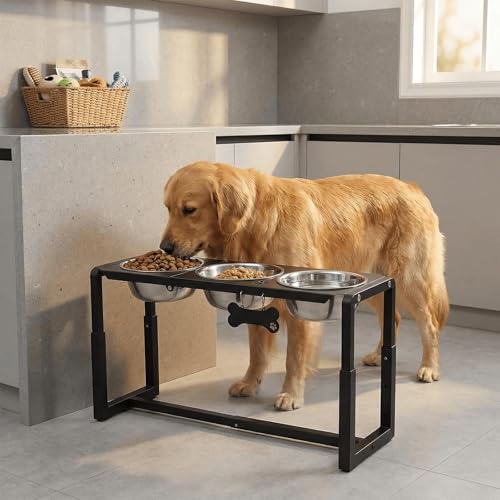 Metal Elevated Dog Bowls, Raised Dog Bowls for Medium/Large Sized Dogs with Three 58oz Stainless Steel Food Bowls, 3 Adjustable Height (8.8"/11.5"/14") Dog Bowl Stand Protect Neck & Joints - size: 8.8-14" | M/L Dogs | 3×58oz Bowls