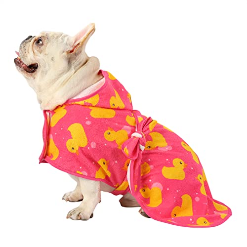 HDE Dog Bathrobe Super Absorbent Quick Drying Puppy Towel Wrap Coat Adjustable After Bath Robes with Hood for Dog Sizes S-XXL Pink Rubber Ducks S - color: Pink Rubber Ducks, size: Small