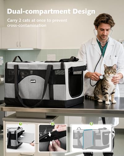Pecute Dual Compartment Pet Carrier for Multi-Cat Families & Small Dog Owners, Collapsible Dog Crate with Reinforced Steel Frame, Car Safety Design for Travel, Vet Visits & Home Use, Gray - color: Grey