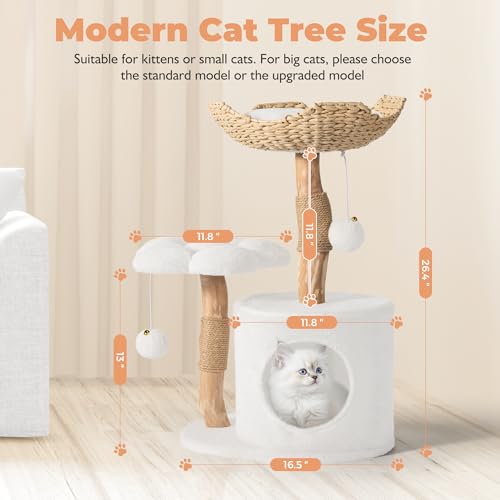 Easyego Modern Cat Tree, 26.3" Aesthetic Wood Cat Tree Tower, Luxury Cat Condo with Scratching Posts and Flower Platforms, Cat Furniture, Pure White - color: Pure White, size: 26.3''