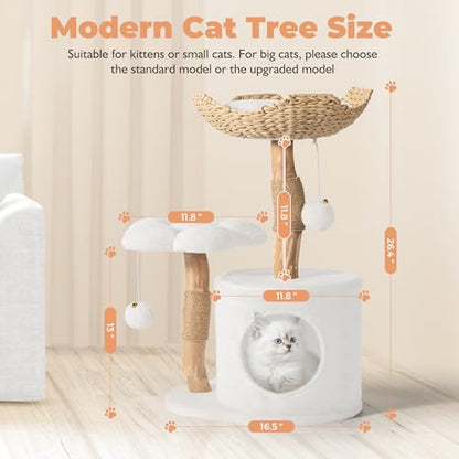 Easyego Modern Cat Tree, 26.3" Aesthetic Wood Cat Tree Tower, Luxury Cat Condo with Scratching Posts and Flower Platforms, Cat Furniture, Pure White - color: Pure White, size: 26.3''