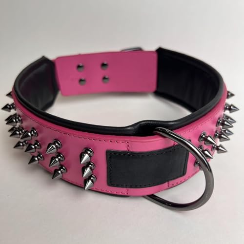 Luxury Leather Spike Dog Collar, Double-Layer Soft Cowhide, Punk Style for Medium and Large Dogs, Pit Bulls, Rowena (Pink,M-Neck 33-41cm) - color: Pink, size: M-neck 33-41cm