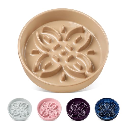 vancasso Ceramic Slow Feeder Dog Bowls, Puzzle Dog Food Bowls with Floral Maze, Anti -Slip Pet Food Dish for Small Breed, 0.6 Cups, Brown - color: Brown, size: S-0.6 Cups