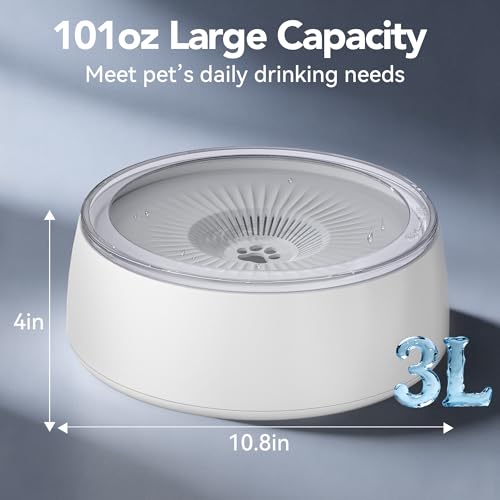 3L No Spill Dog Water Bowl (101oz) – Slow Drinking Pet Bowl with Replaceable Filter & Slow Feeder Mat, Splash Proof Travel Bowl for Large Dogs Cats, Car & Home Use – Grey