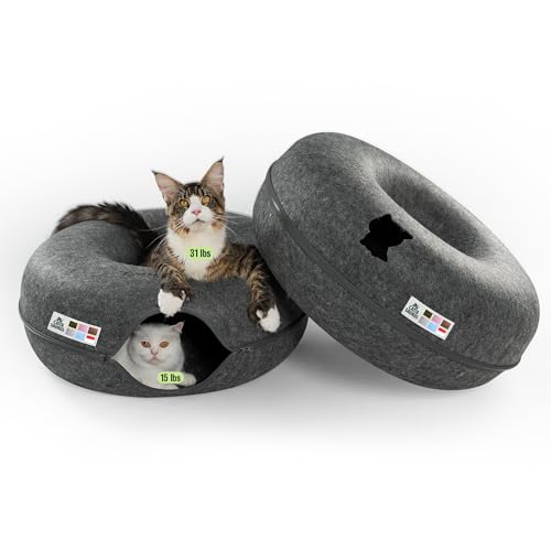 Cattasaurus Peekaboo Cat Cave Duo Jumbo Set, Extra Spacious Cat Donut for Multiple & Large Kitty 15+ lbs, Scratch Detachable Cat Beds for Indoor Cats, Washable Cat Tunnel Bed, Best Kitten Toys - color: Dark Gray + Dark Gray, size: Jumbo