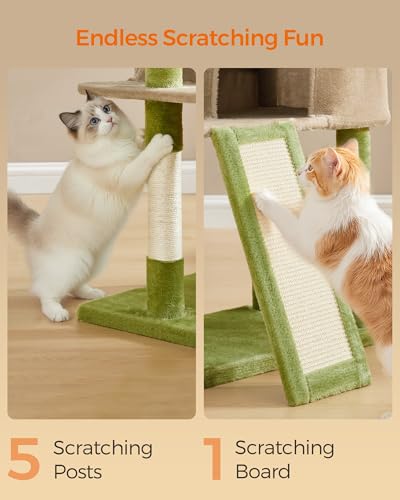 Feandrea Cat Tree, 45.3-Inch Cat Tower, Plush Condo with Scratching Post, Ramp, Perch, Spacious Cave, for Small Space, Grass Green and Camel Brown UPCT141CB03 - color: Grass Green + Camel Brown