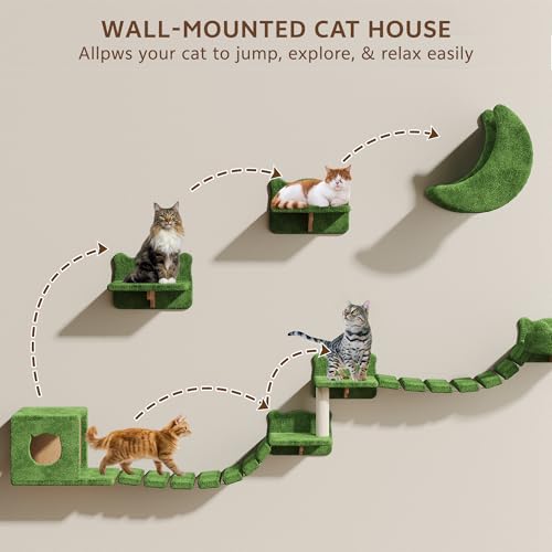 13-in-1 Cat Wall Shelves, Wall Mounted Cats Furniture Set with Plush Fabric, Cat Climbing Wall Systems, Cats Shelf with Moon Hammock, Condo, House, Step, Bridge Ladder, Scratching Post, Green - color: Green, size: 13-in-1